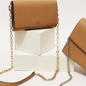 Tory Burch Chain Leather Wallet across Body Bag (Tan)